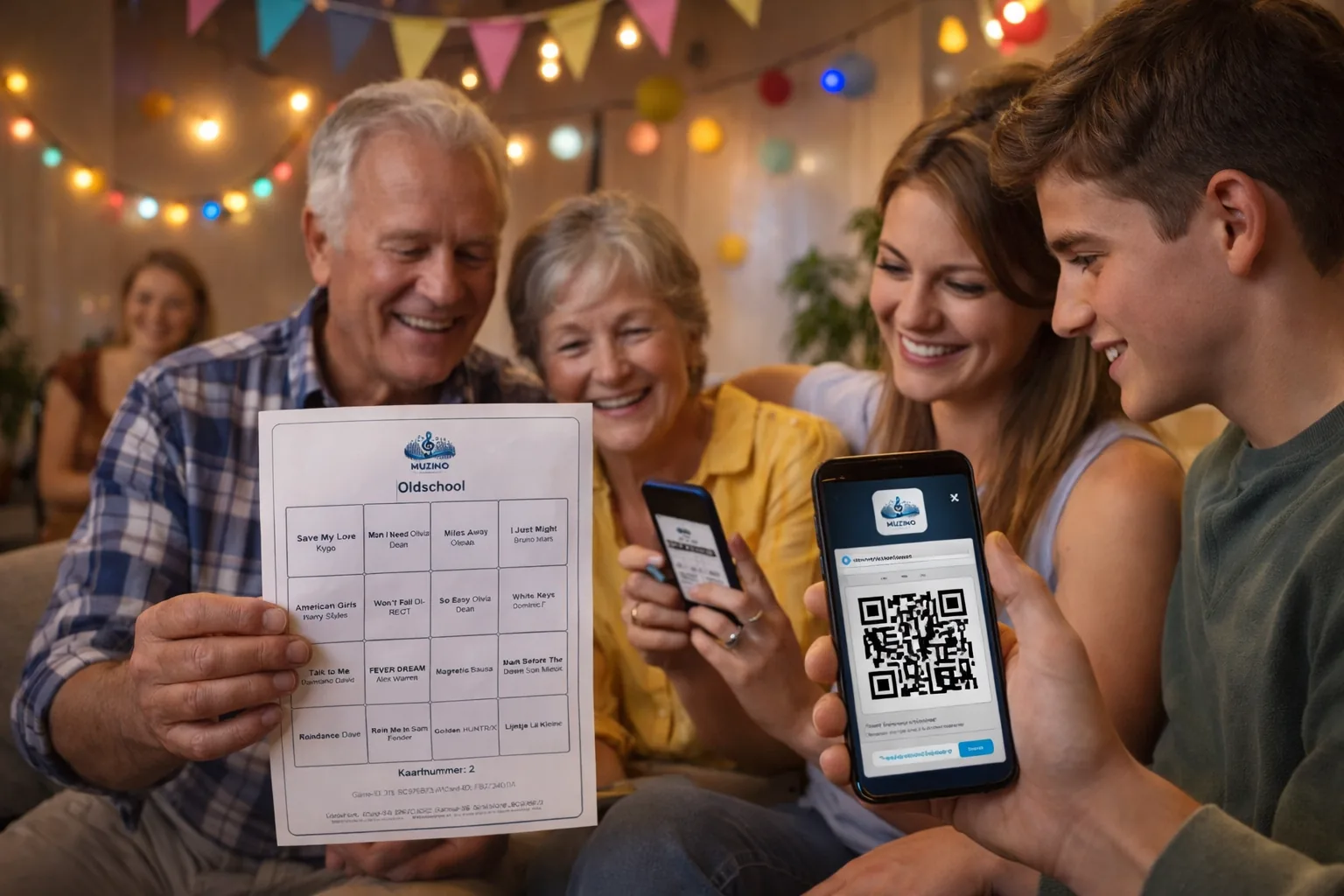 Sfeerbeeld van een verjaardagsgroep die samen muziekbingo speelt