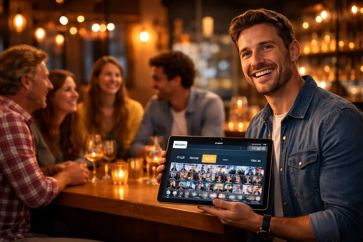Sfeerbeeld van Muzino met hostscherm, mobiele spelerskaart en QR-kaart voor een online muziekbingo