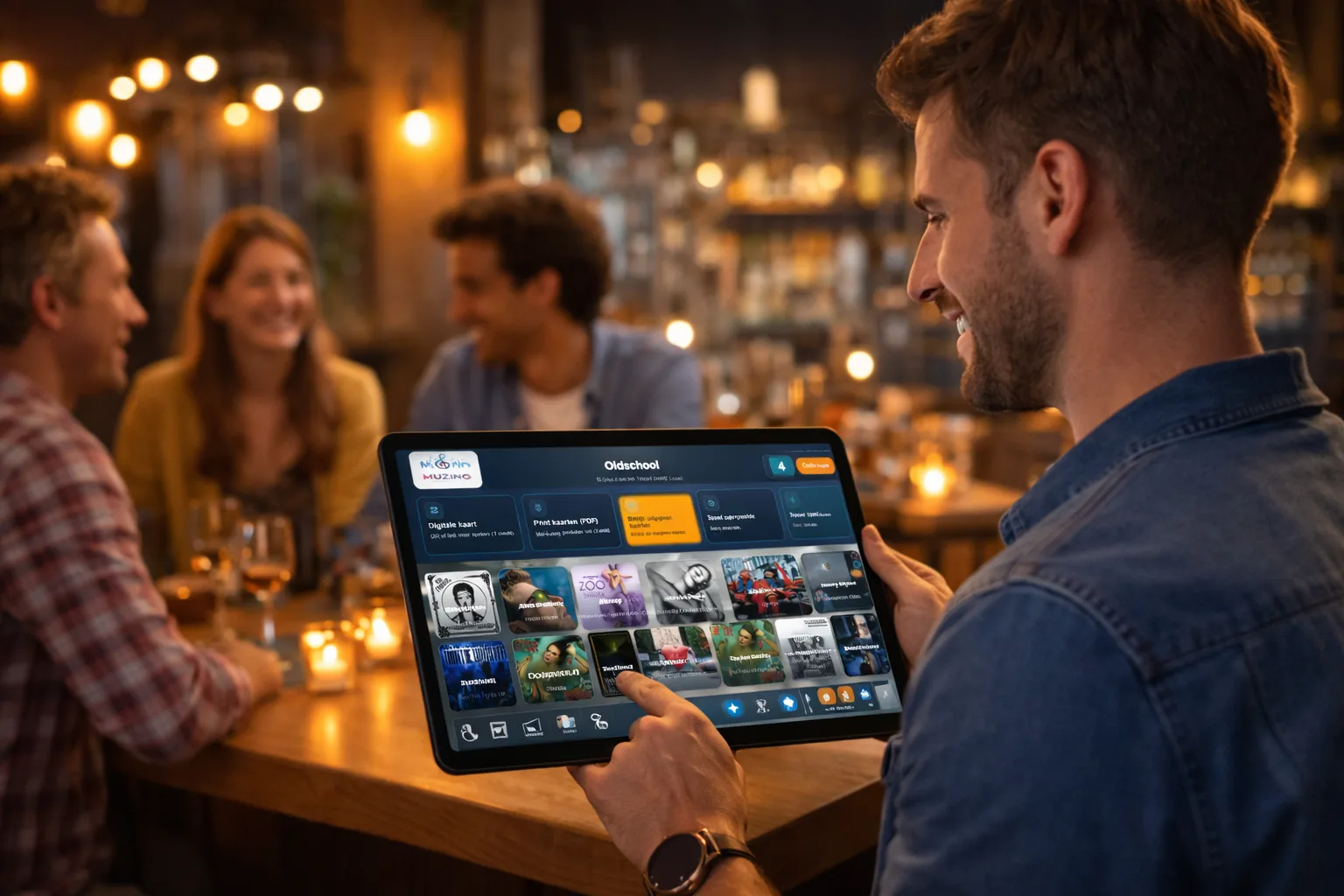 Sfeerfoto van een hostmoment met Muzino-interface in beeld